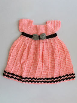 Woonie - Handmade Crochet Peach Frock with Contrast Bow Detailed Waistband
