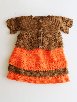 Woonie - Handmade Crochet Orange Frill Frock with Self Detailing Work Jacket (Set of 2)