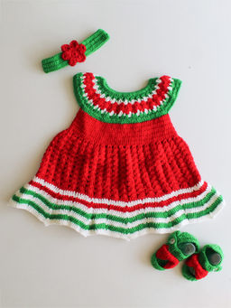 Woonie - Handmade Crochet Red Frock Set with Zig-Zag Hemline (Set of 3)
