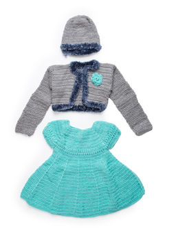 Woonie - Handmade Crochet Turquoise Frock and Jacket with Fur Detail (Set of 3)