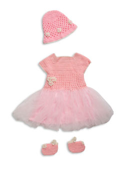 Woonie - Handmade Crochet Red Tutu Frock with Matching Cap and Booties (Set of 3)