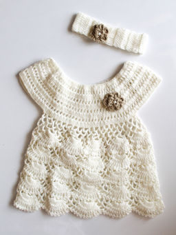 Woonie - Handmade Crochet Cream Frock with Headband (Set of 2)