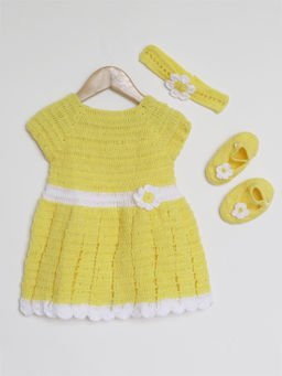 Woonie - Handmade Crochet Yellow Frock with Headband and Booties (Set of 3)