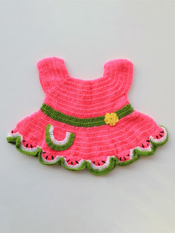 Woonie - Handmade Crochet Pink Knee Length Watermelon Frock