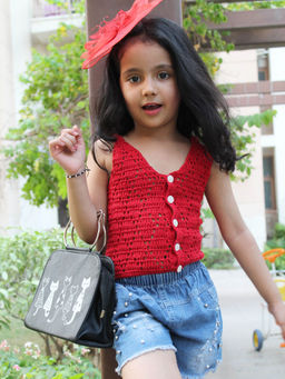 Woonie - Handmade Crochet Red Front Openable Crop Top for Girls