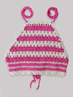 Woonie - Handmade Crochet Pink Striped Halterneck Crop Top for Girls