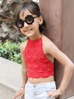 Woonie - Handmade Crochet Red Halterneck Crop Top for Girls