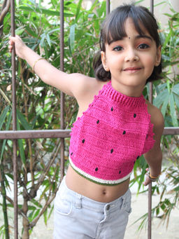Woonie - Handmade Crochet Watermelon Pattern Halterneck Crop Top for Girls