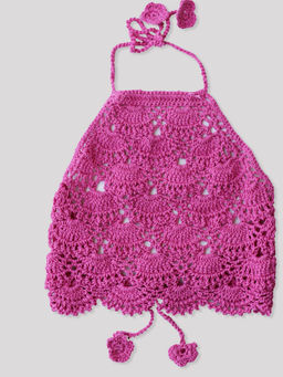 Woonie - Handmade Crochet Pink Halterneck Crop Top for Girls