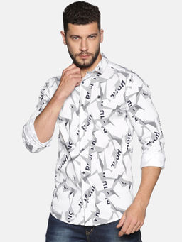 SHOWOFFFF - Cotton White Typography Printed Slim Fit Shirt
