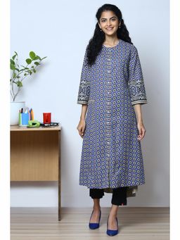 Biba - Blue Cotton Flax Straight Kurta