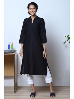 Biba - Black Cotton Flax Straight Kurta