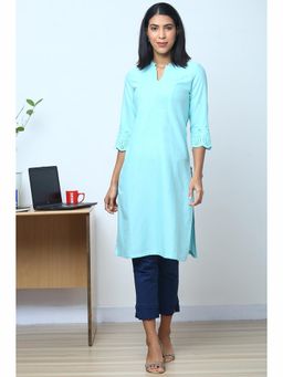 Biba - Mint Green Cotton Flax Straight Kurta with Mask (Set of 2)