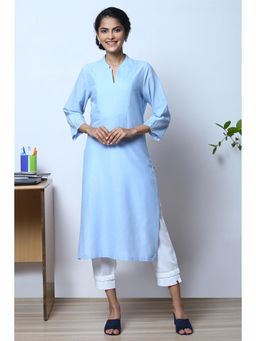 Biba - Powder Blue Cotton Flax Straight Kurta