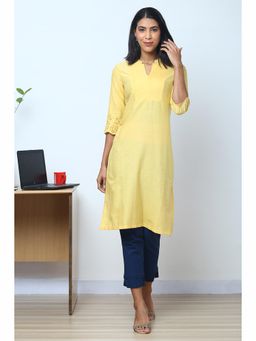 Biba - Yellow Cotton Flax Straight Kurta with Mask (Set of 2)