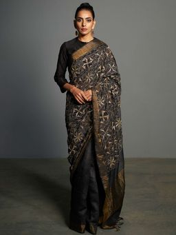 Saksham & Neharicka - Black Embroidered Tusser Silk Saree With Unstitched Blouse Piece