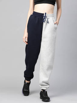 Fitkin - Women Half An Half Colourblocked Fleece Winter Joggers - Blue