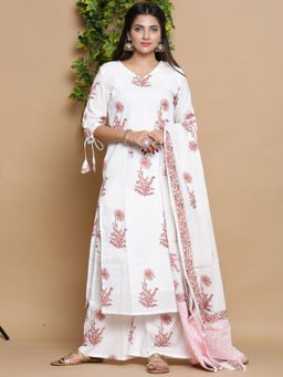Lavanya The Label - White Floral Kurta With Palazzo & Dupatta (Set of 3)