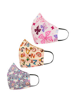 Tossido - 2-7 Years Unisex Kids 100% Cotton 3 Ply Anti Microbial Masks - Multi-Color (Free Size)