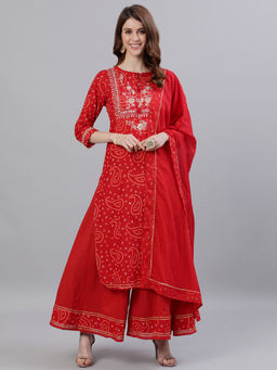 ISHIN - Women Cotton Red Bandhani Embroidered Straight Kurta and Sharara with Dupatta (Set of 3)
