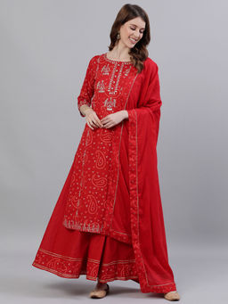 ISHIN - Women Cotton Red Bandhani Embroidered A-Line Kurta and Sharara with Dupatta (Set of 3)