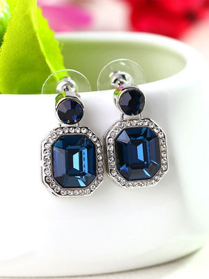 Yellow Chimes Silver Toned A5 Grade Blue Royal Crystal Drop Earrings