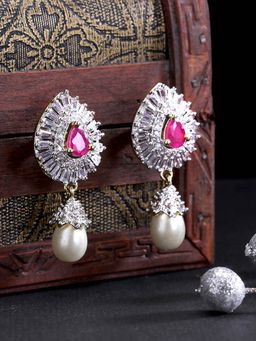 Yellow Chimes - Pink And White American Diamond Handcrafted Gold-Toned Pearl Drop Earrings