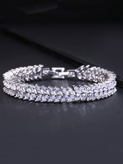 Yellow Chimes Silver Leaf Shaped Clear Cubic Zircon Designer Tennis Bracelet