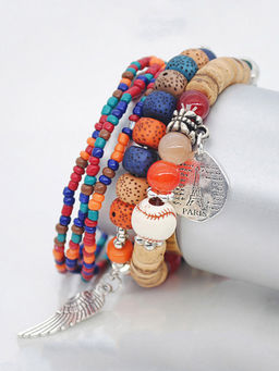 Yellow Chimes - Multi layer Bohemia Stone Beads Wrap Elastic Charm Bracelet Combo (Pack of 5)