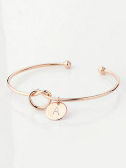 Yellow Chimes - Charming Knot Alphabet Letter 'A' Rose Gold Plated Cuff Bangle Bracelet