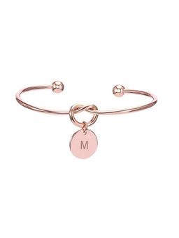 Yellow Chimes - Charming Knot Alphabet Letter Initial M Rose Gold Plated Cuff Bangle Bracelet