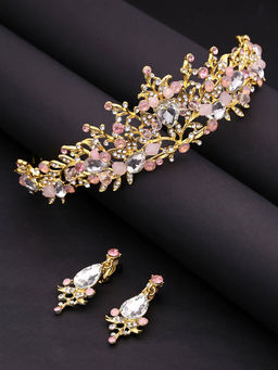 Yellow Chimes - Gold-Toned Studded Crystal Embellished Crown Tiara With Earrings (Set of 2)