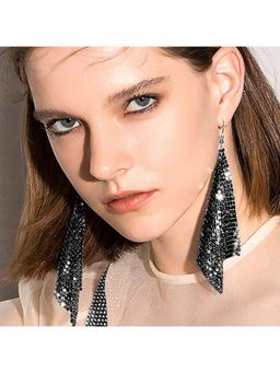 Yellow Chimes - Metallic Mesh Grid Sequins Tassel Long Drop Earrings