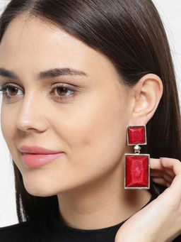 Yellow Chimes - Stylish Geometric Shape Tantalizing Red Crystal Square Drop Earrings