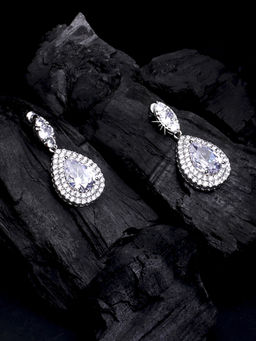 Yellow Chimes - White Cubic Zircon Silver-Toned Drop Earrings