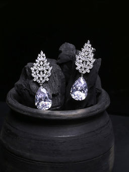 Yellow Chimes - Designer Sparkling White Cubic Zircon Silver-Toned Drop Earrings