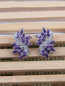 Yellow Chimes - Silver Toned Purple Studded Crystal Floral Design Stud Earrings