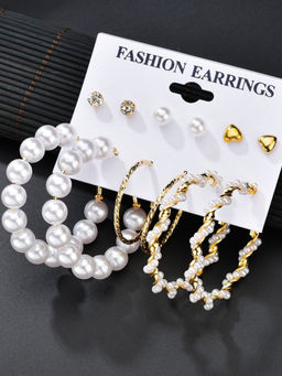 Yellow Chimes - Combo Of 6 Pairs Crystal Pearl Gold Plated Stud Hoop Earrings Set