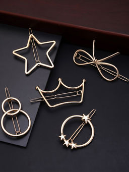Yellow Chimes - Gold-Toned Set of 5 Embellished Crown Star Bow Bobby Pins