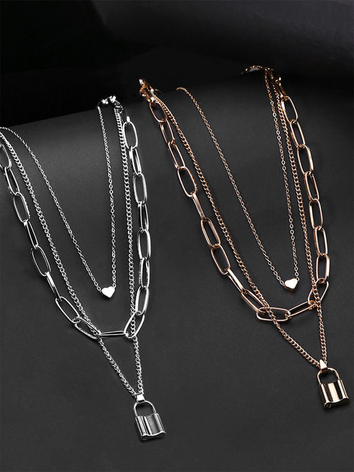 Yellow Chimes Fashion Multilayer Key Heart Locket Silver And Gold Toned Chain Necklace Combo
