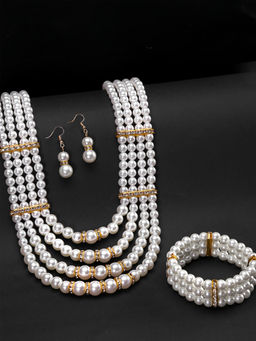 Yellow Chimes - Gold - Toned White Crystal Pearls Multilayer Pearl Necklace Set