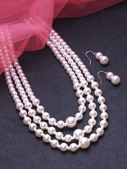 Yellow Chimes - Silver-Toned Fresh Water Pearls Multilayer Necklace Set