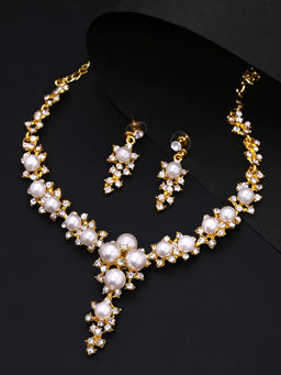Yellow Chimes - Gold - Toned Crystal Studded Party Wear Pearl Necklace Set