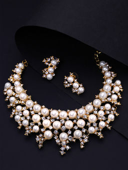 Yellow Chimes - Party Wear Crystal Studded Pearl Choker Necklace Set