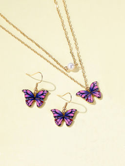 Yellow Chimes - Gold Plated Butterfly Design Pendant Set With Drop Earrings