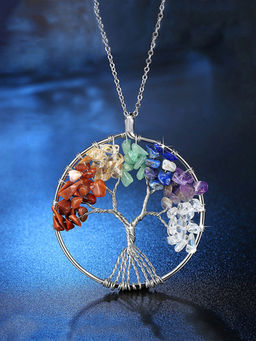 Yellow Chimes - Multi-Colour Tree Of Life 7 Chakra Stones Handmade Long Chain Pendant