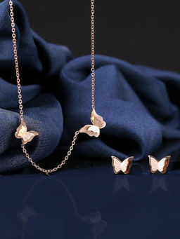 Yellow Chimes - Rose Gold Butterfly Shaped Steel Pendant With Earring (Set of 2)