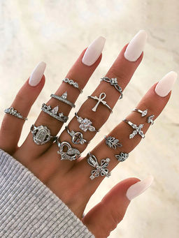 Yellow Chimes - Set Of 14 Pcs Silver Toned Rhinestone Studded Midi Finger Rings