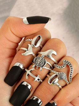 Yellow Chimes - Set Of 8 Pcs Oxidised Silver Boho Trendy Style Mid Finger Rings