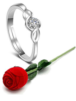Yellow Chimes - Crystal Studded Adjustable Silver Toned Ring With Velvet Red Rose Ring Box